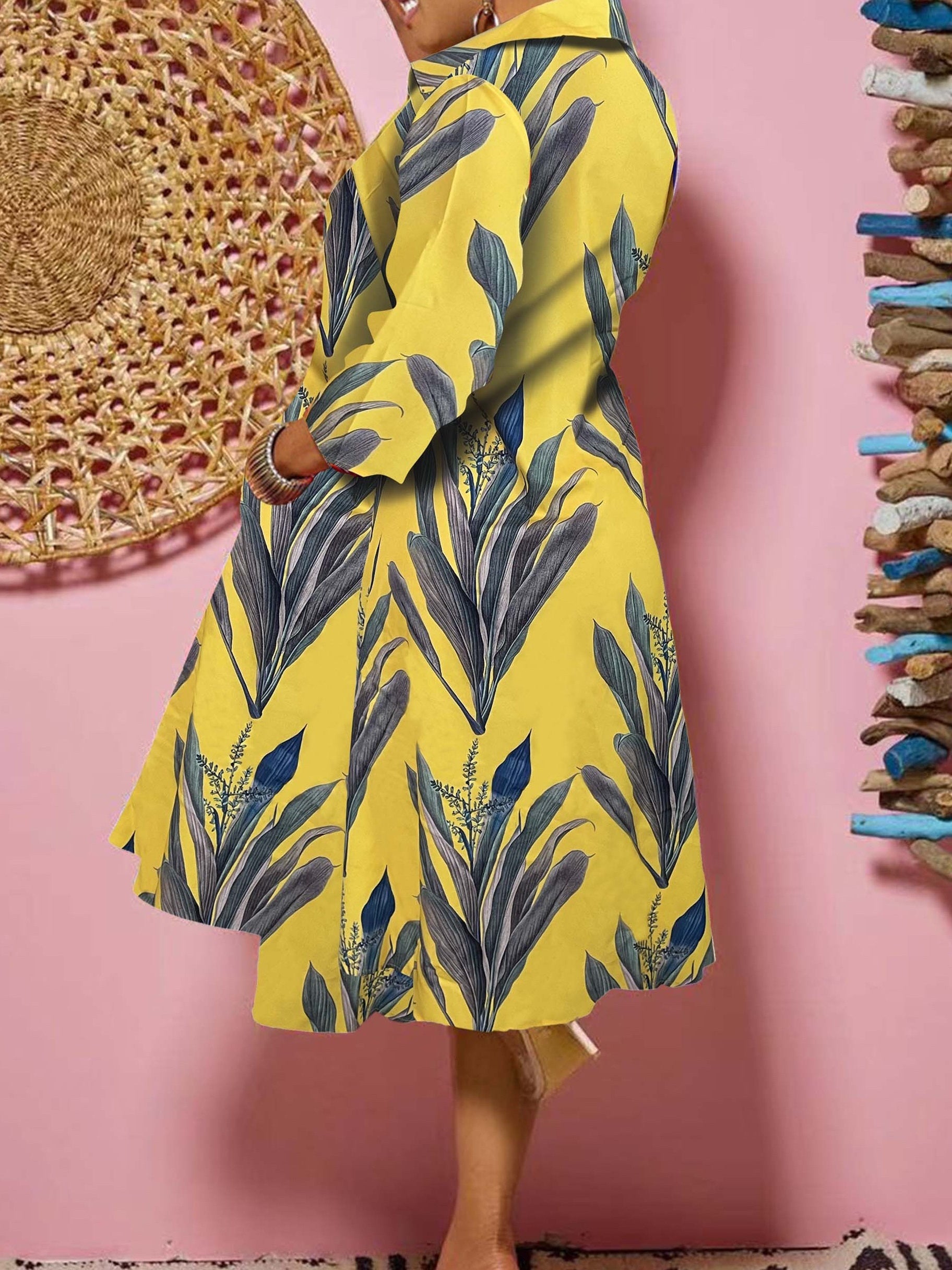 Floral Button-Down Midi Dress with Long Sleeves, Women's Casual Dress